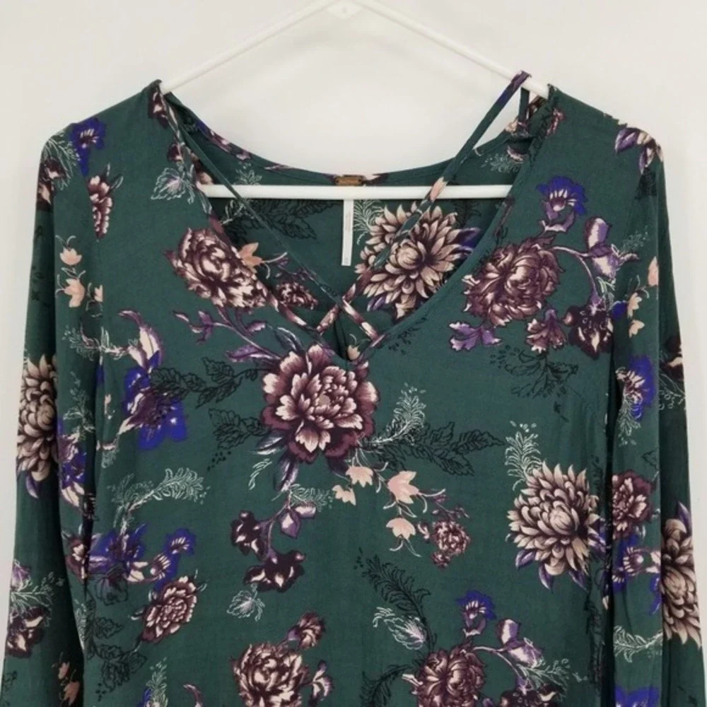 Free People Heartbeat Bell Sleeve Emerald Green Floral Dress XS Fairy Boho Flowy - Picture 8 of 13